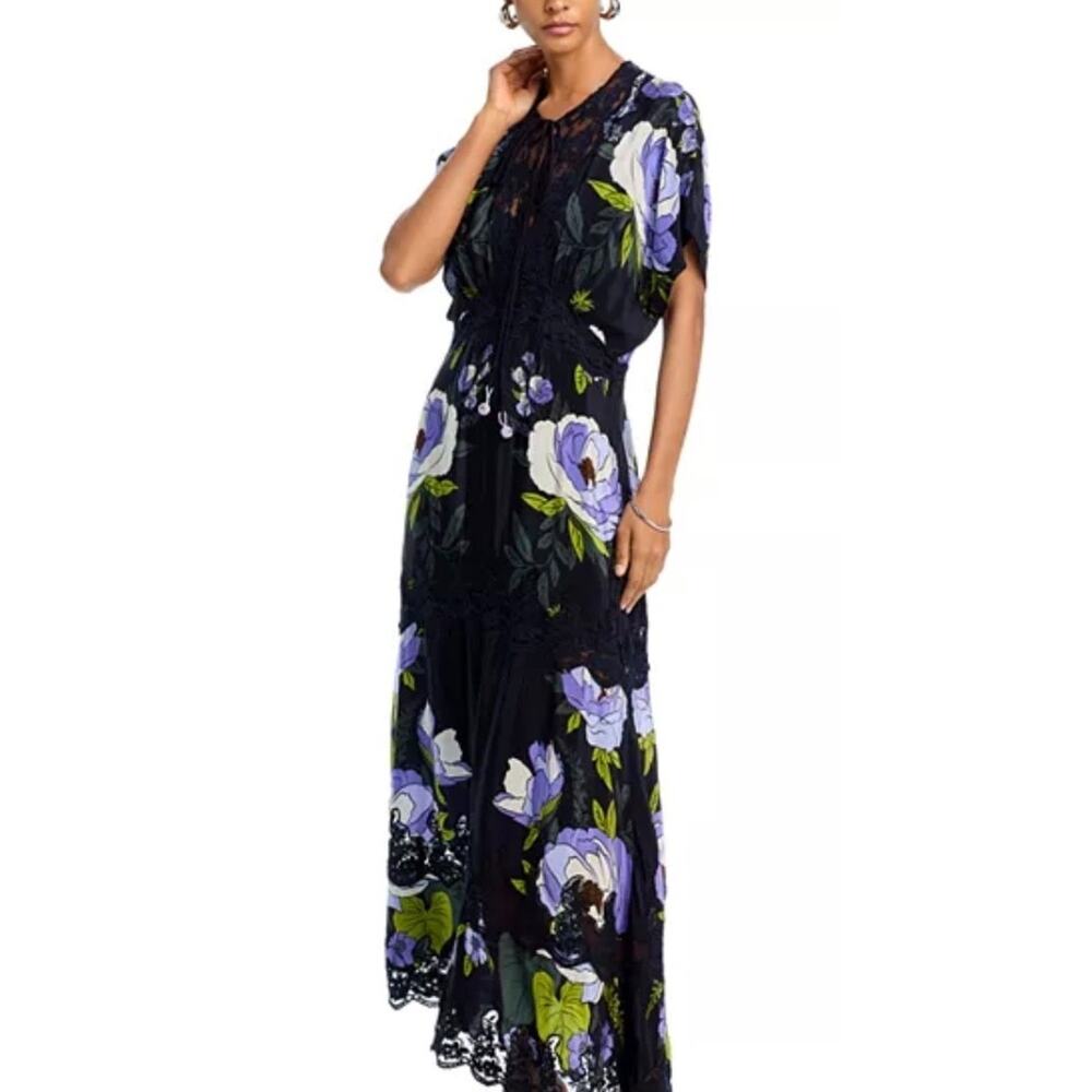 Farm Rio Women's Soft Garden Black Laces Short Sleeve Floral Dress Sz XS #31 - Picture 2 of 5